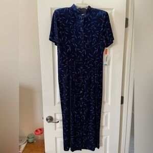 Blue Leaf Vintage Asian Velour Elegant Dress